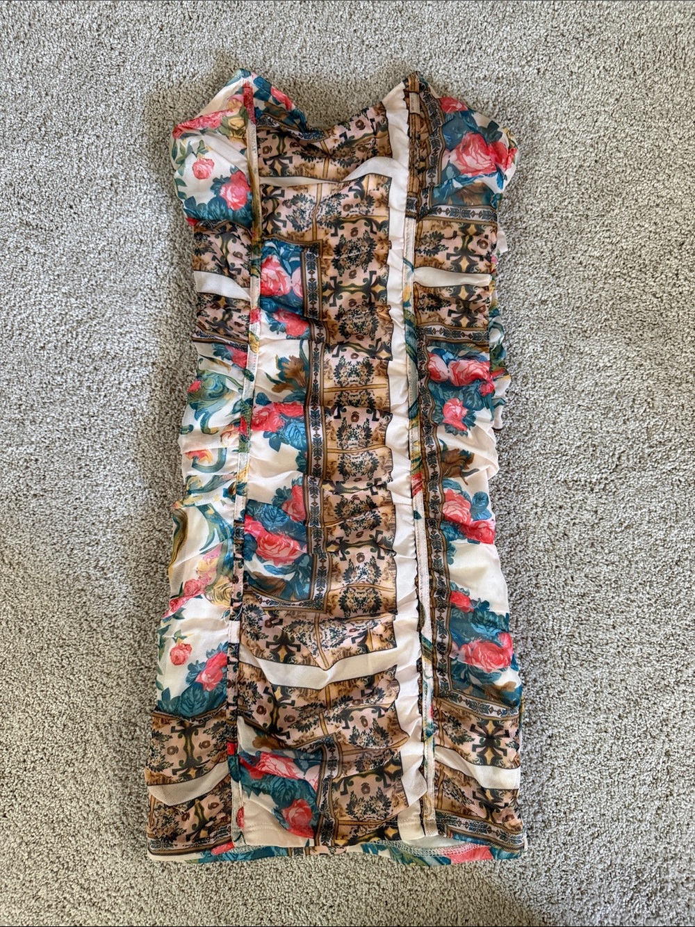 Floral Ruffle Dress in Cream and Teal